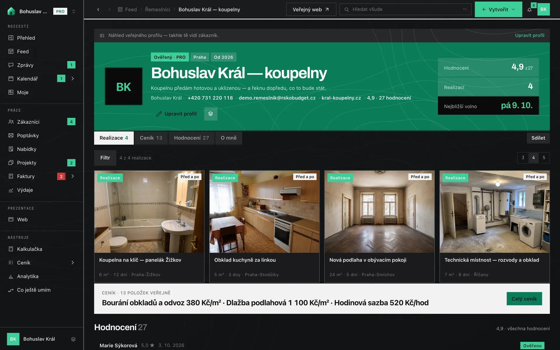 Veřejný profil a portfolio v aplikaci RekoBudget — celá obrazovka očima řemeslníka (ukázková data)