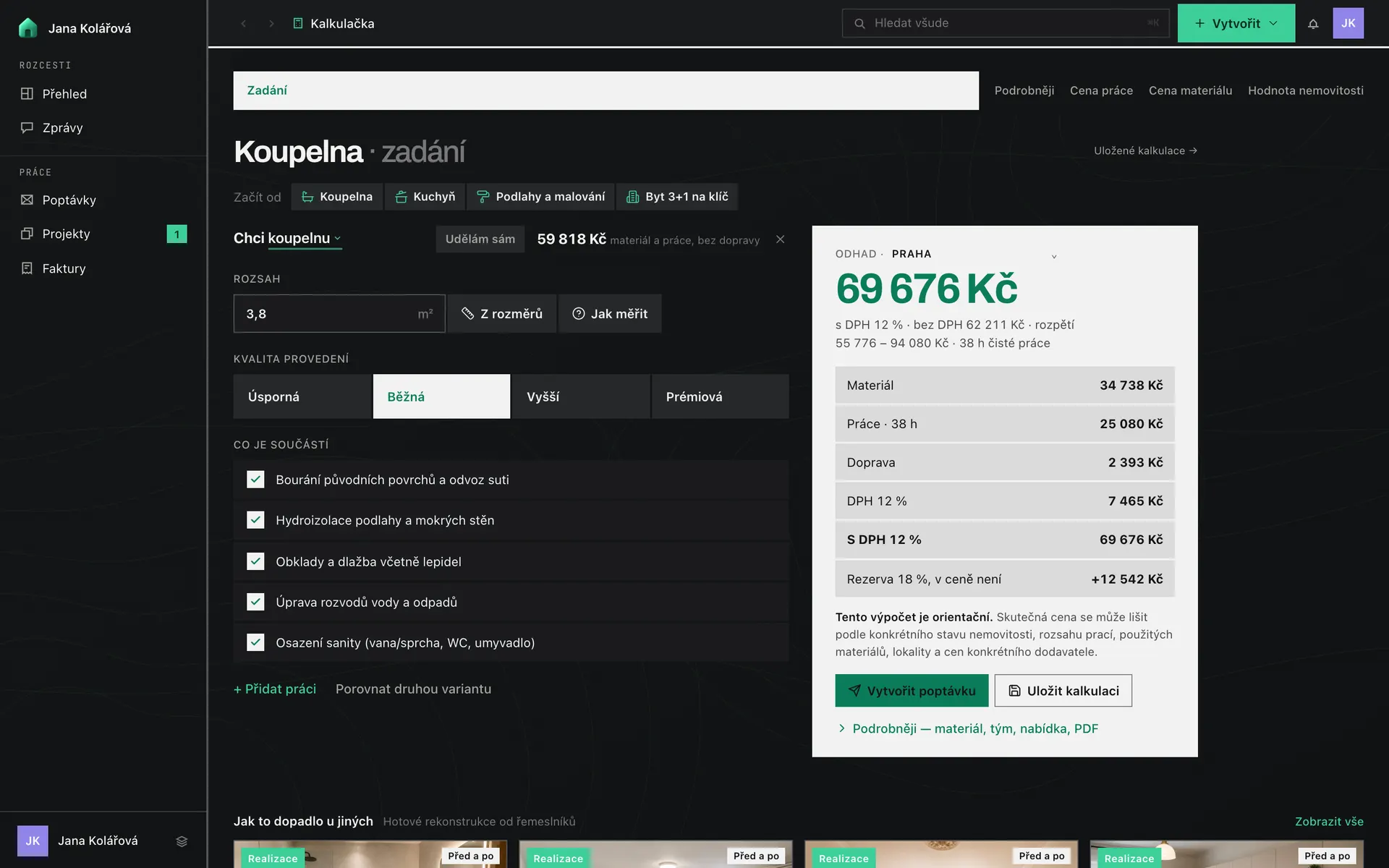 Kalkulačka v aplikaci RekoBudget — celá obrazovka očima zákazníka (ukázková data)