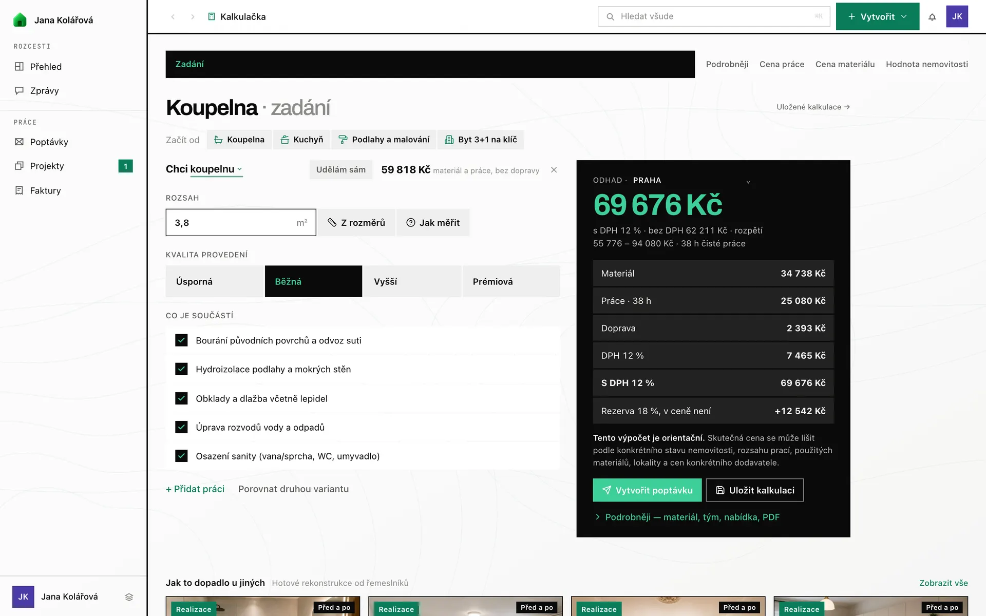 Kalkulačka v aplikaci RekoBudget — celá obrazovka očima zákazníka (ukázková data)