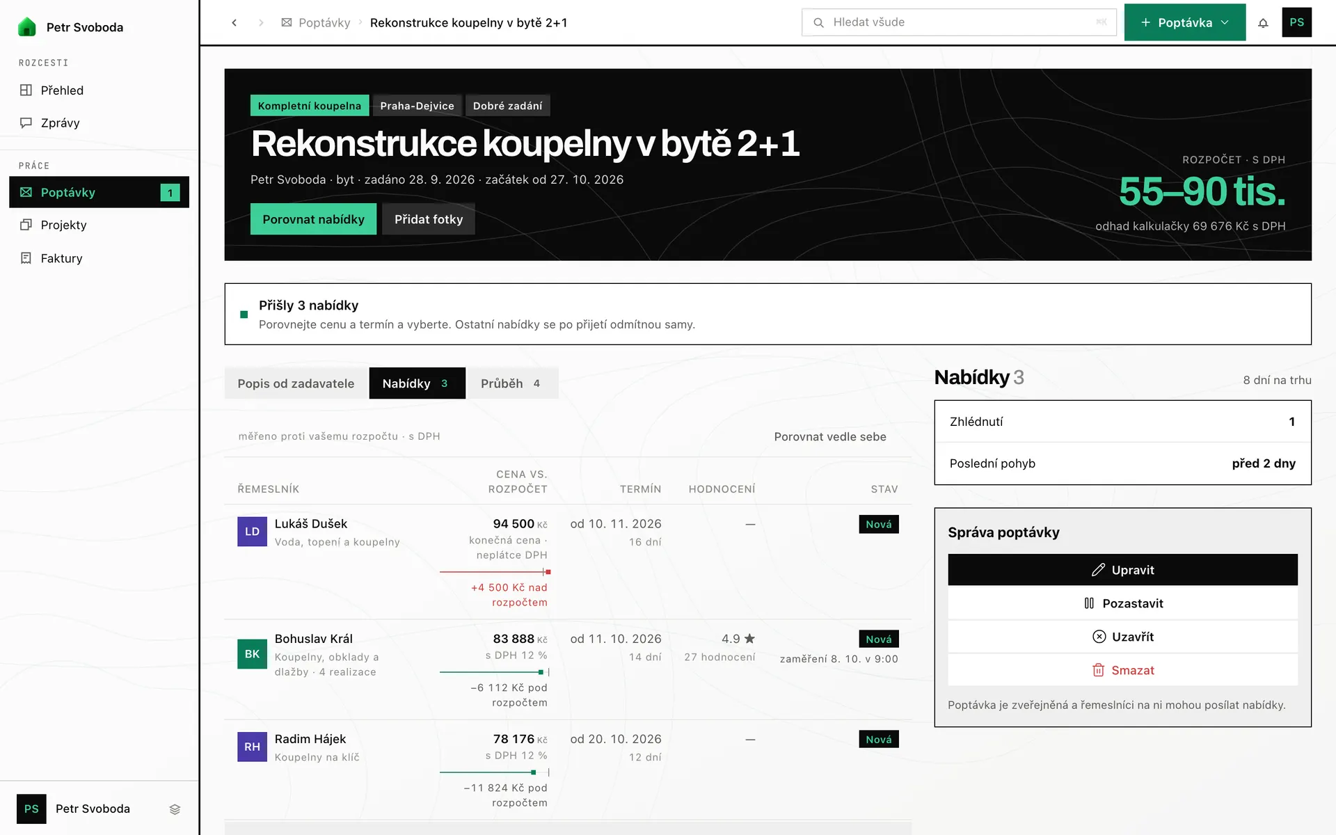 Poptávka v aplikaci RekoBudget — celá obrazovka očima zákazníka (ukázková data)