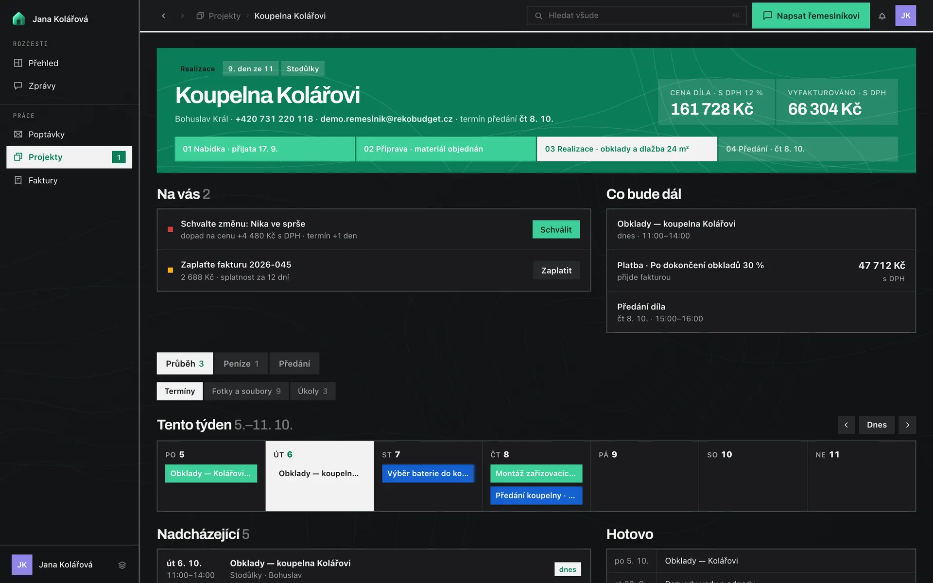Projekt jako společný prostor v aplikaci RekoBudget — celá obrazovka očima zákazníka (ukázková data)