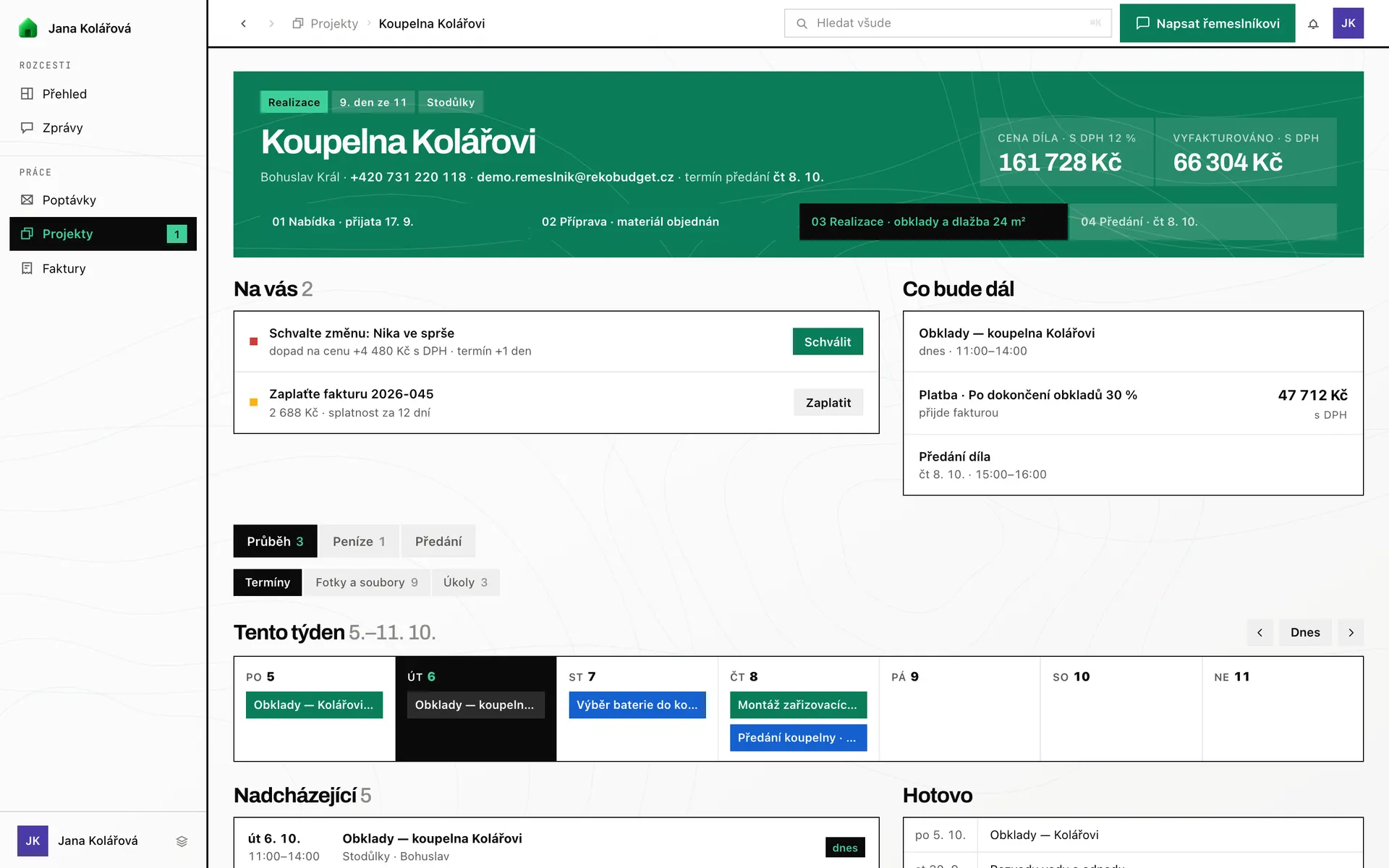 Projekt jako společný prostor v aplikaci RekoBudget — celá obrazovka očima zákazníka (ukázková data)