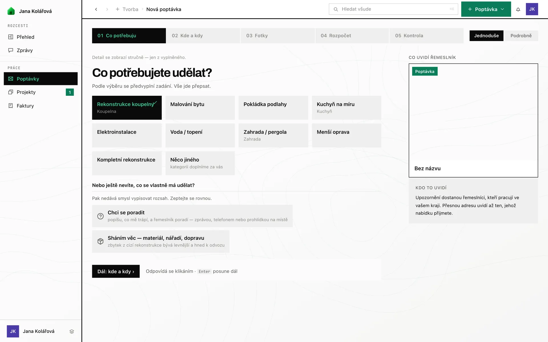 Tvorba poptávky v aplikaci RekoBudget — celá obrazovka očima zákazníka (ukázková data)